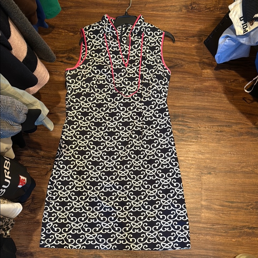 Vince Camuto blue and White Patterned Dress with Pink Accents